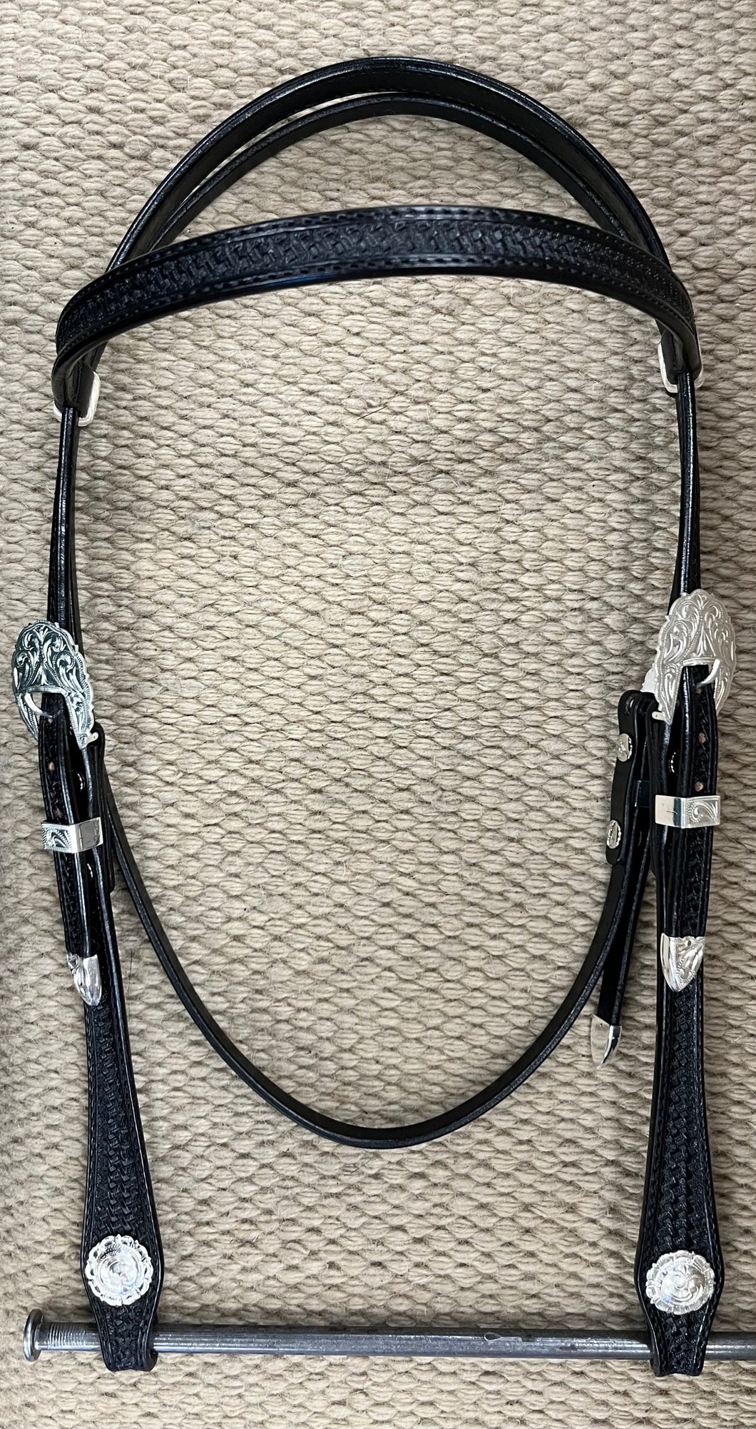Headstall - HS238 - Basket Black w/ Shaped Cheeks and Silver Plated Trim