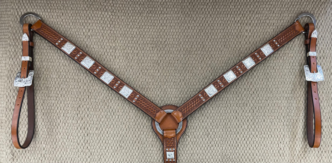 Breast Collar - BC02 - Basket Antique w/ Three Spots Pattern and Square Conchos