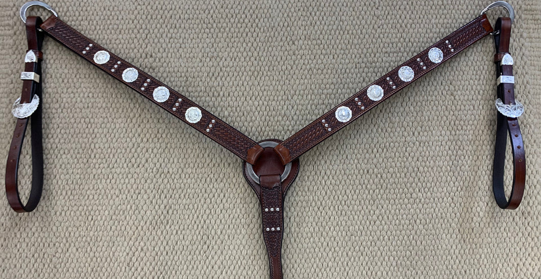 Breast Collar - BC21 - Basket Brown w/ Three Spots and Conchos