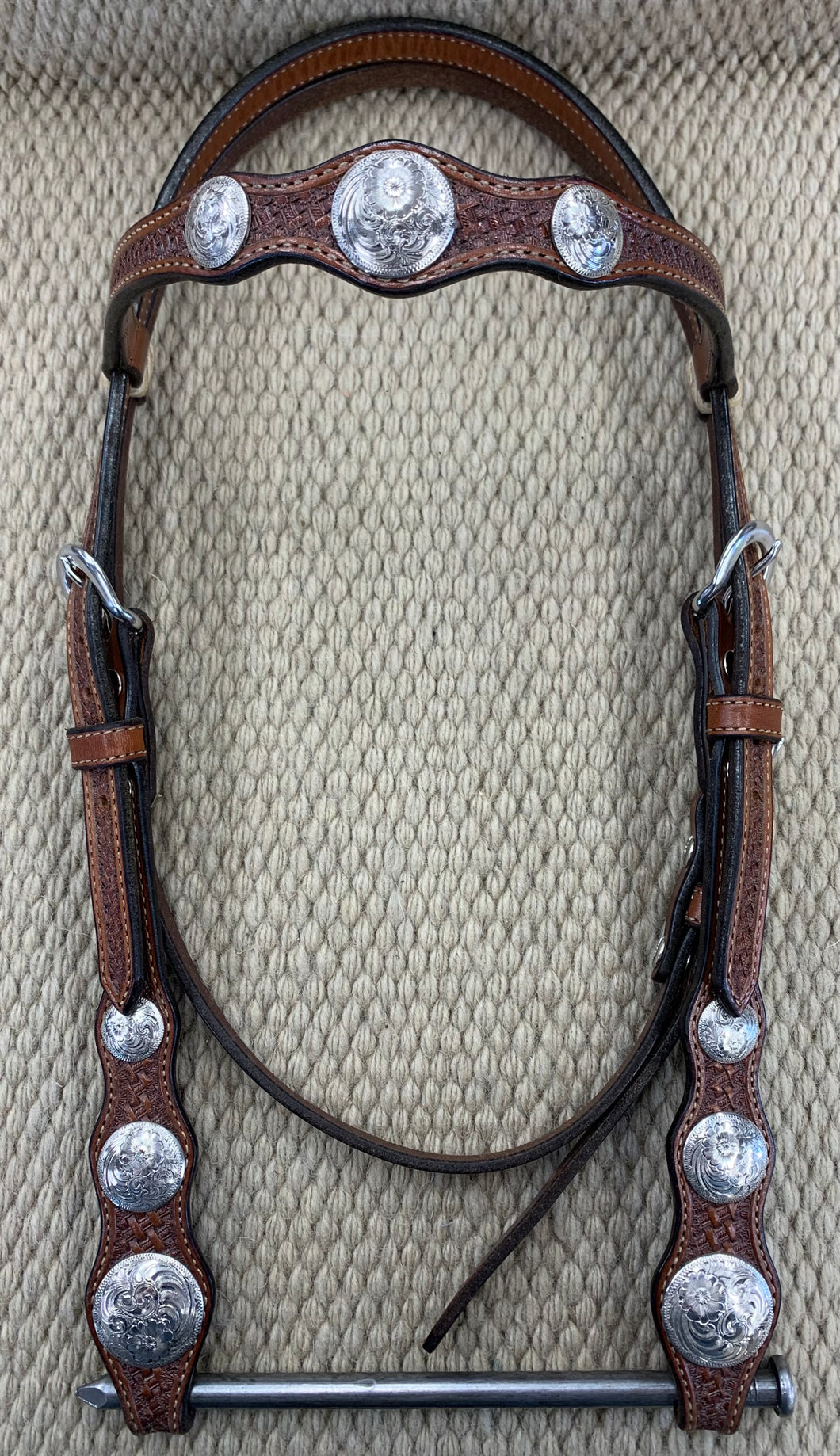 Headstall - HS43 - Basket Antiqued w/ Rawhide Loops