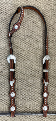 Headstall - HS190 - Basket Brown Scalloped Sliding Ear w/ Spots and Silver Plated Trim