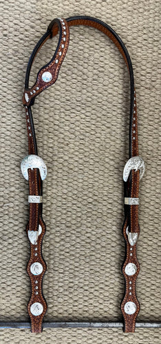 Headstall - HS190 - Basket Brown Scalloped Sliding Ear w/ Spots and Silver Plated Trim