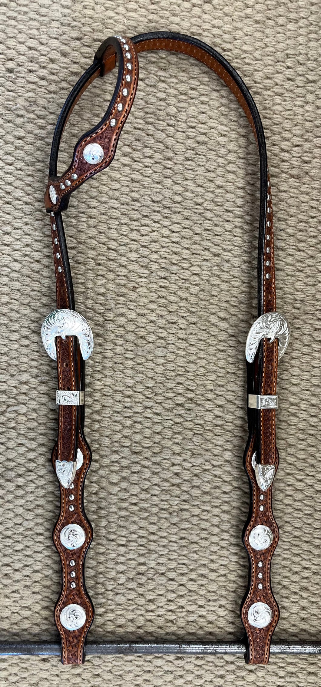 Headstall - HS190 - Basket Brown Scalloped Sliding Ear w/ Spots and Silver Plated Trim