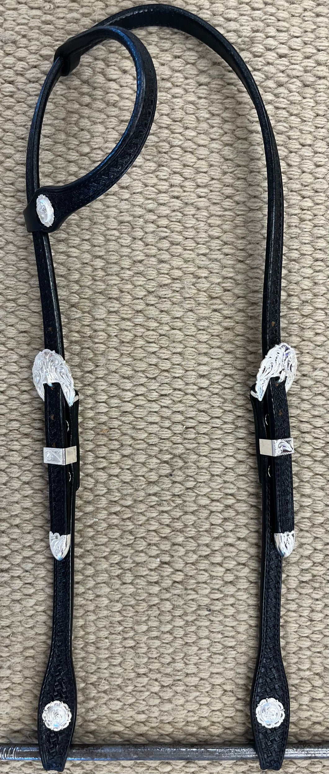 Headstall - HS53 - Basket Black Single Ear w/ Silver Plate