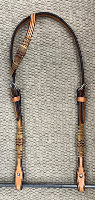 Headstall - HS240 - Light Brown Single Ear w/ Natural Rawhide Red and Black Accents