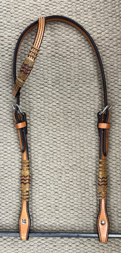 Headstall - HS240 - Light Brown Single Ear w/ Natural Rawhide Red and Black Accents