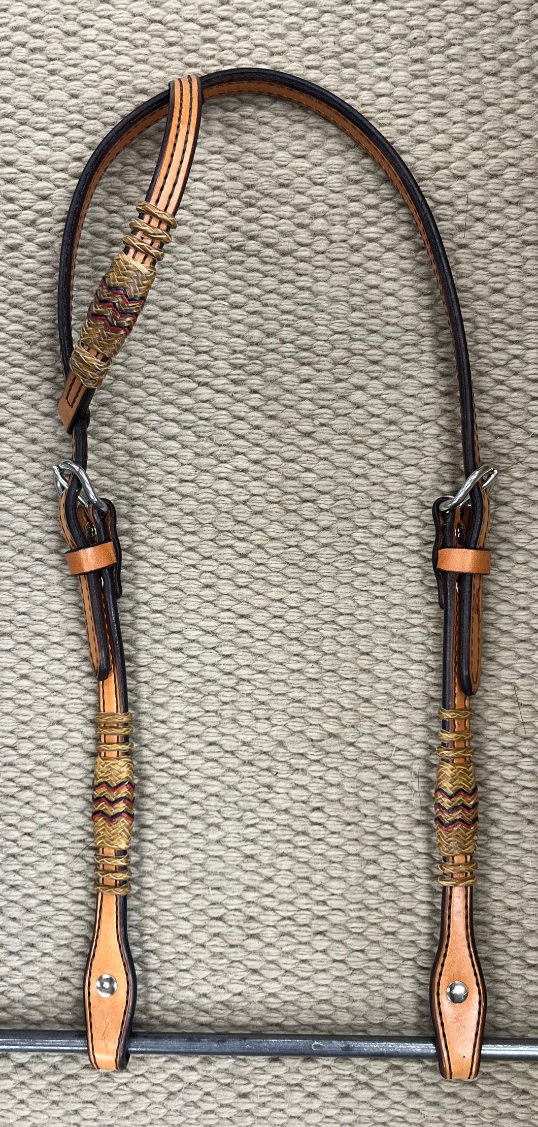 Headstall - HS240 - Light Brown Single Ear w/ Natural Rawhide Red and Black Accents