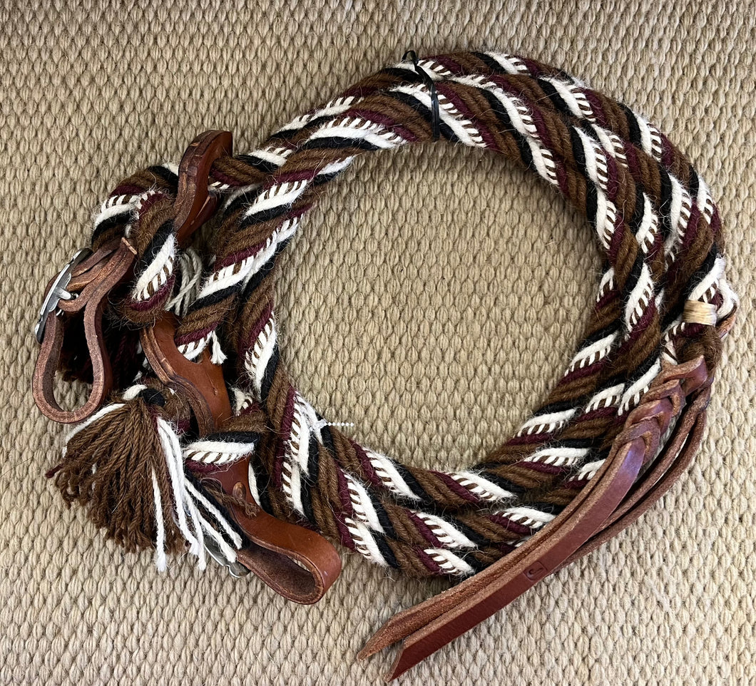 Split Reins - SR79 - 6 Strand Alpaca with Slobber Leathers Brown, Burgundy, Black and White