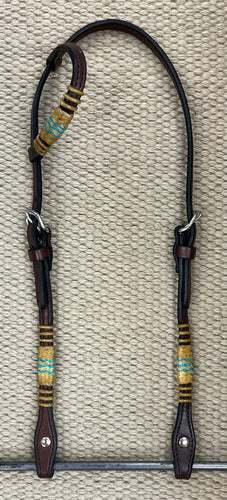Headstall - HS241 - Dark Brown Single Ear w/ Natural Rawhide Turquoise Accents