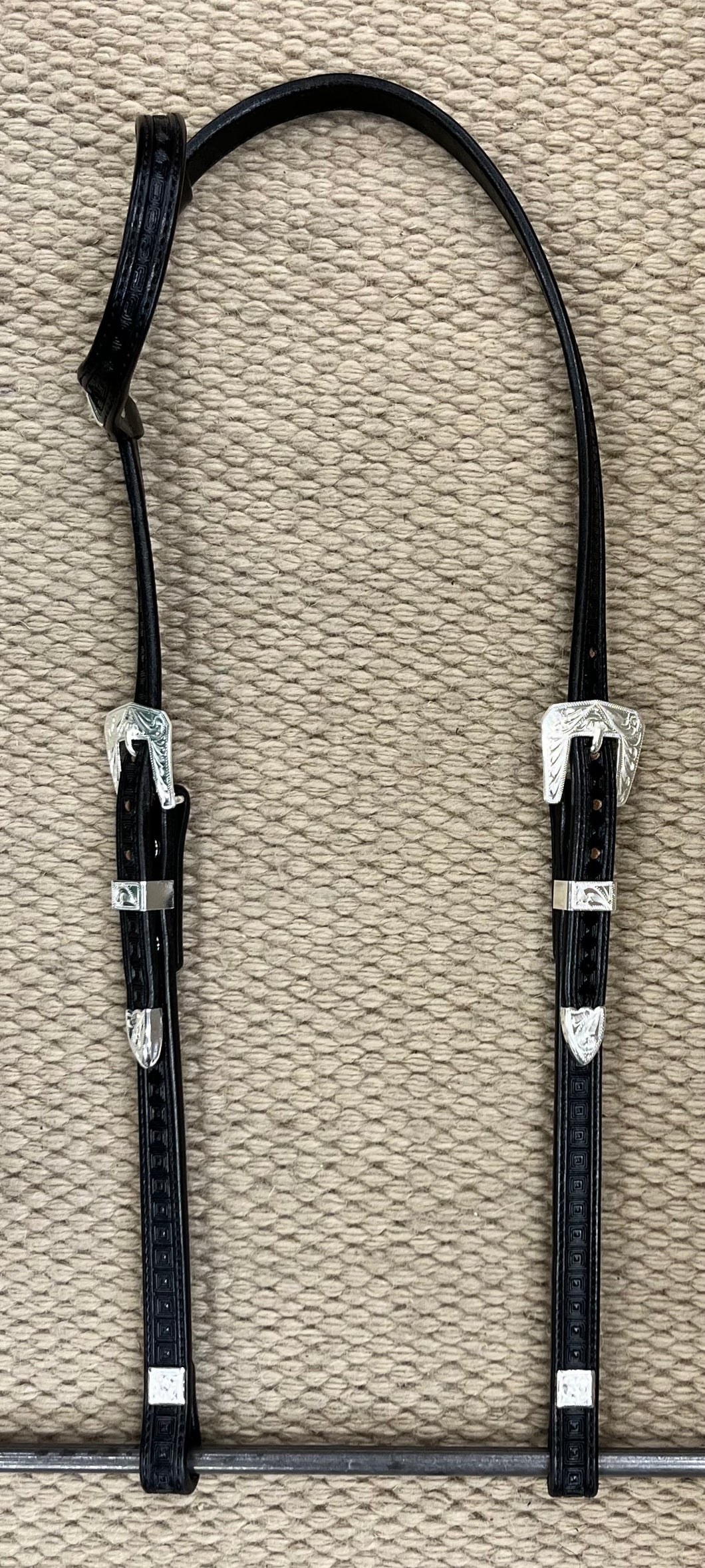 Headstall - HS06 - Black Geometric Single Ear w/ Silver Plated Trim