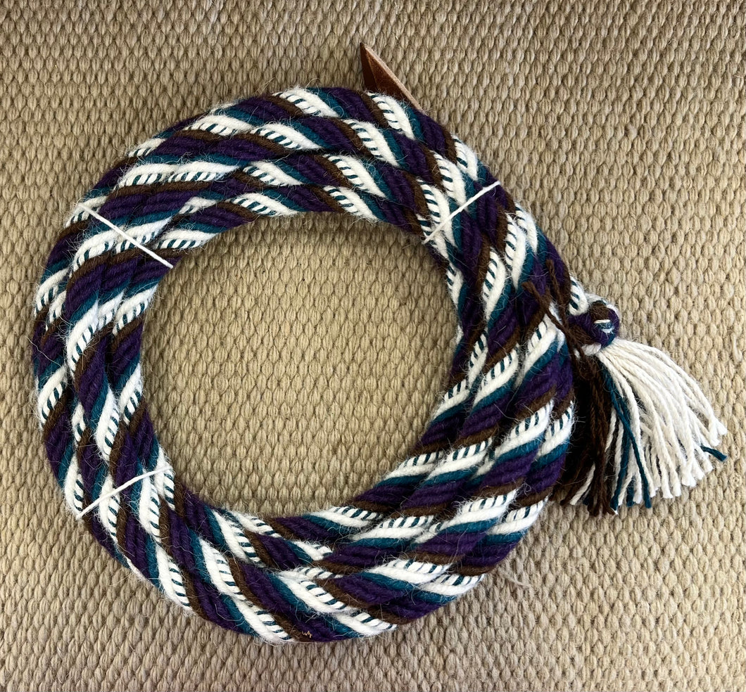 Mecate - MEC111 - 5/8” x 22’ 6-Strand Alpaca Purple, Teal, White, and Brown