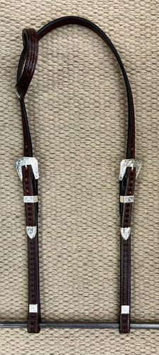 Headstall - HS05 - Brown Geometric Single Ear w/ Silver Plated Trim