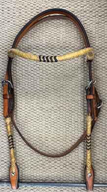 Headstall - HS145 - Light Brown Rawhide Browband Natural w/ Black Accents