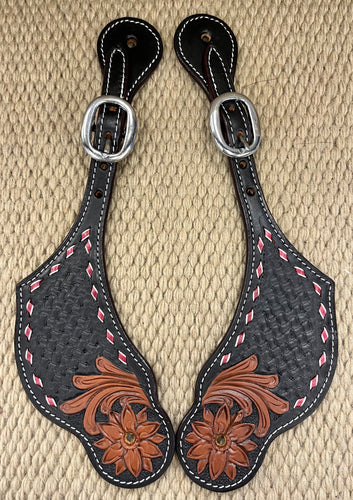 Spur Straps - SPS58 - Floral Basket Black w/ Red and White Buckstitch