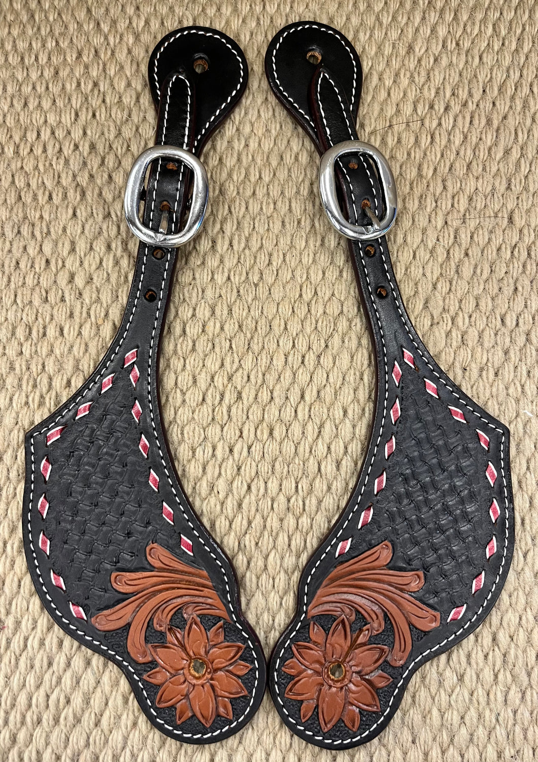 Spur Straps - SPS58 - Floral Basket Black w/ Red and White Buckstitch