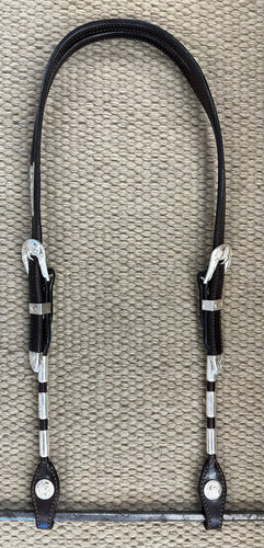 Headstall - HS207 - Dark Brown English Bridle w/ Silver Overlay Ferrules, Buckles and Conchos