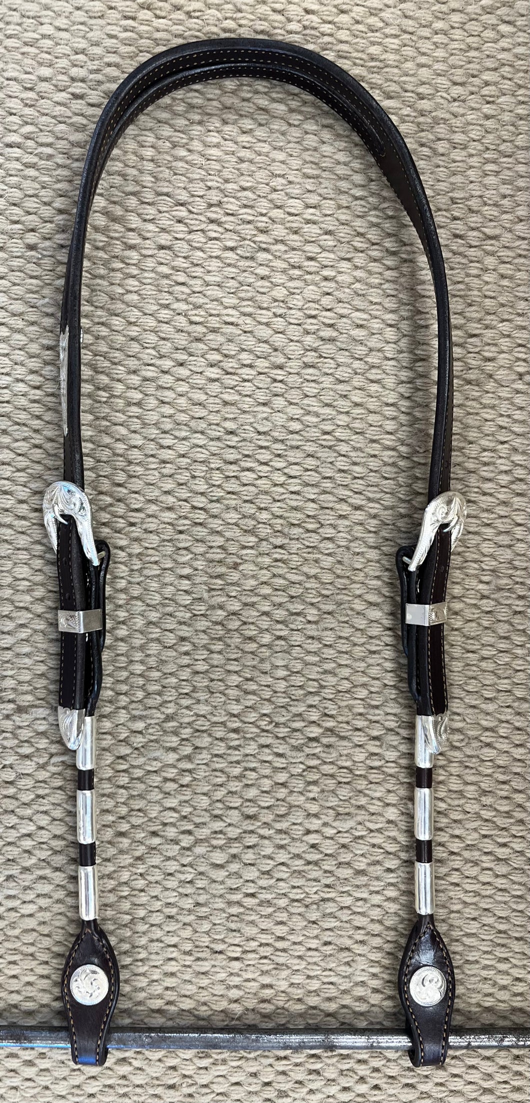 Headstall - HS207 - Dark Brown English Bridle w/ Silver Overlay Ferrules, Buckles and Conchos