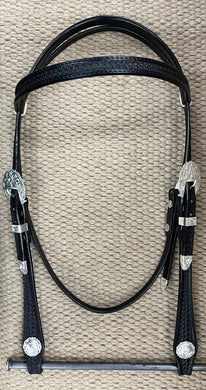 Headstall - HS238 - Basket Black w/ Shaped Cheeks and Silver Plated Trim