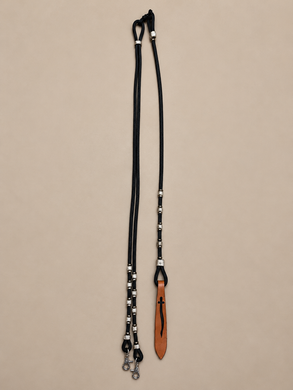 Romal Reins - RR104 - 16 Plait Nylon Black and Tan with Snaps and Harness Popper 98