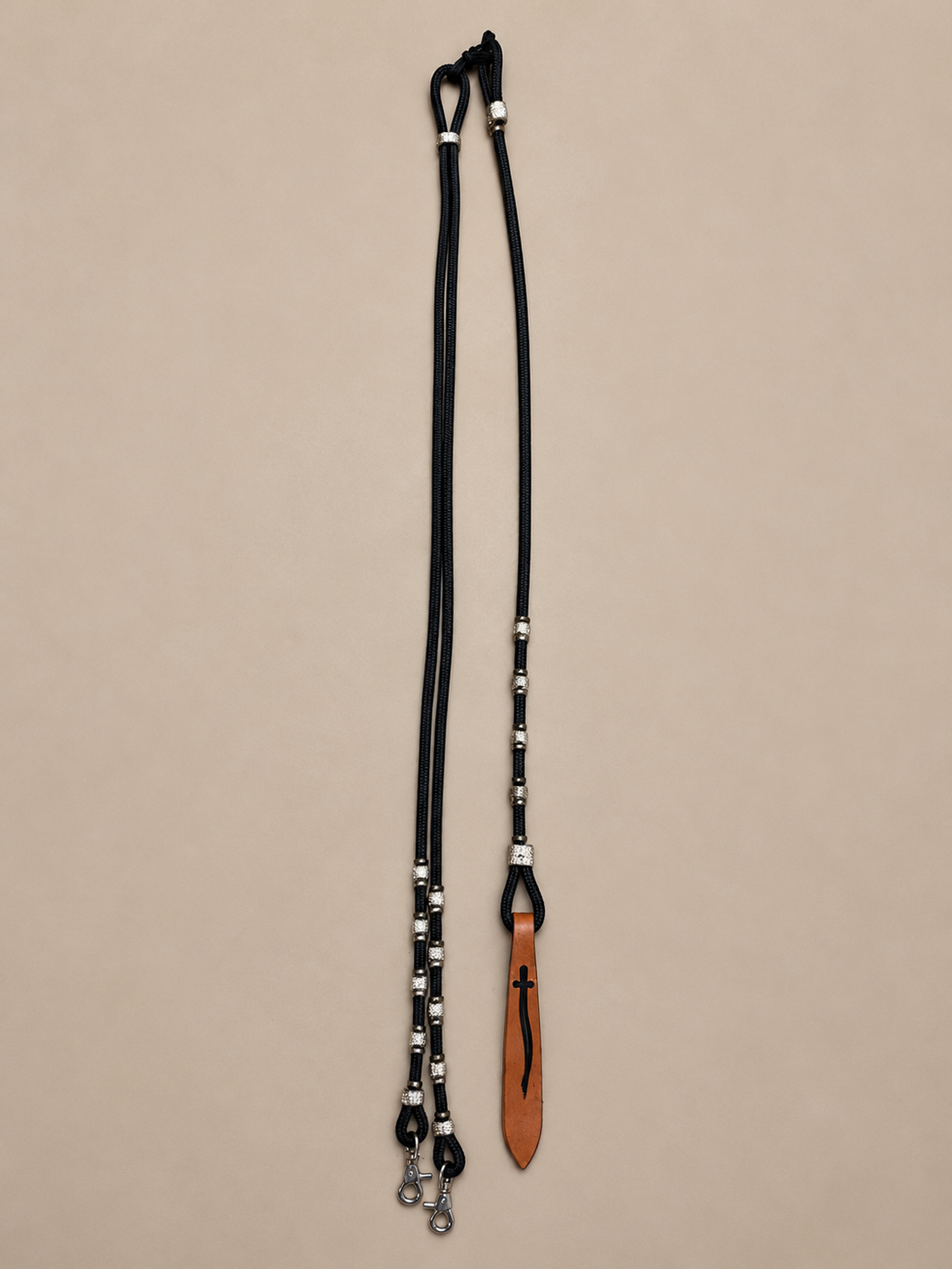 Romal Reins - RR104 - 16 Plait Nylon Black and Tan with Snaps and Harness Popper 98