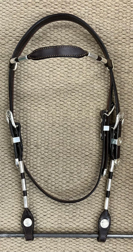 Headstall - HS118 - Plain Brown Browband w/ Silver Ferrules, BLT's, Conchos and Rawhide