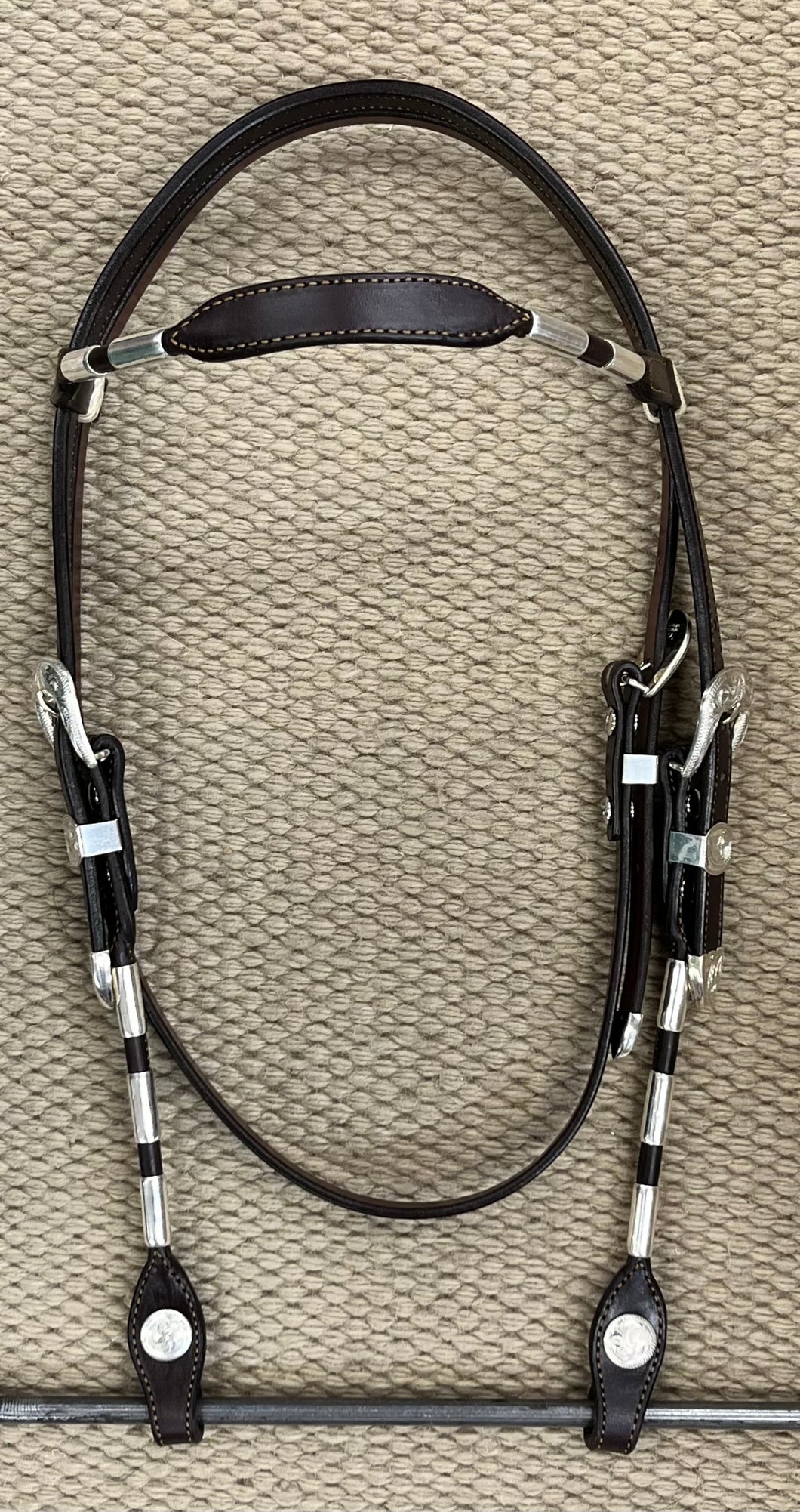 Headstall - HS118 - Plain Brown Browband w/ Silver Ferrules, BLT's, Conchos and Rawhide