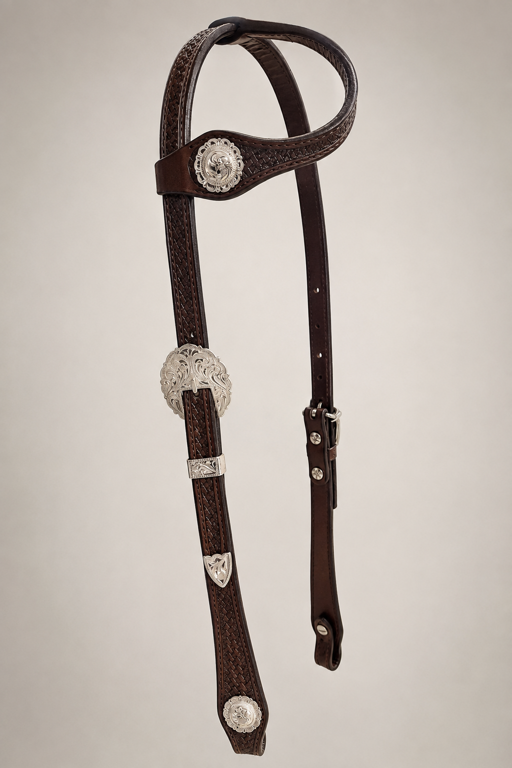 Headstall - HS94 - 5/8 Basket Brown Single Ear w/ Silver Plate
