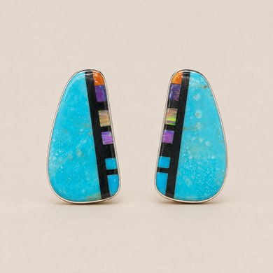 Jewelry - JWR16 - Sterling Silver Zuni Turquoise & Multi-Stone Inlay Stud Earrings