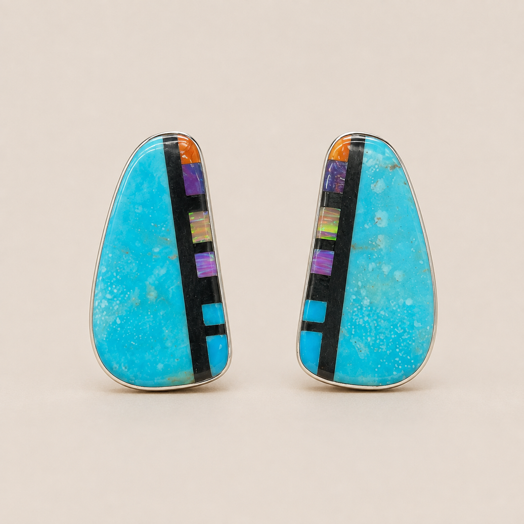 Jewelry - JWR16 - Sterling Silver Zuni Turquoise & Multi-Stone Inlay Stud Earrings
