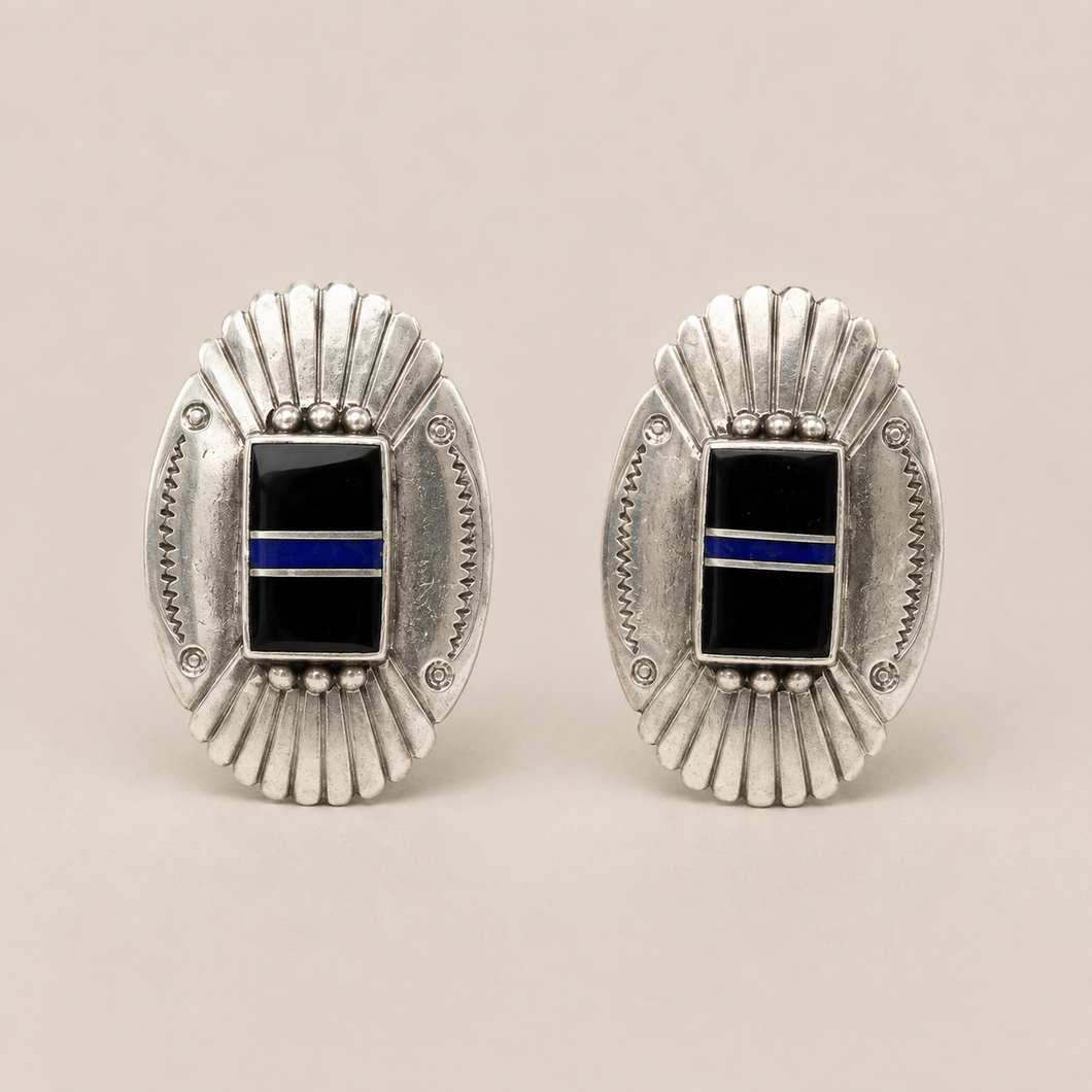 Jewelry - JWR17 - Sterling Silver Black Onyx & Lapis Inlay Stud Earrings