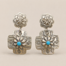 Jewelry - JWR18 - Sterling Silver Navajo Turquoise & Floral Cross Dangle Earrings