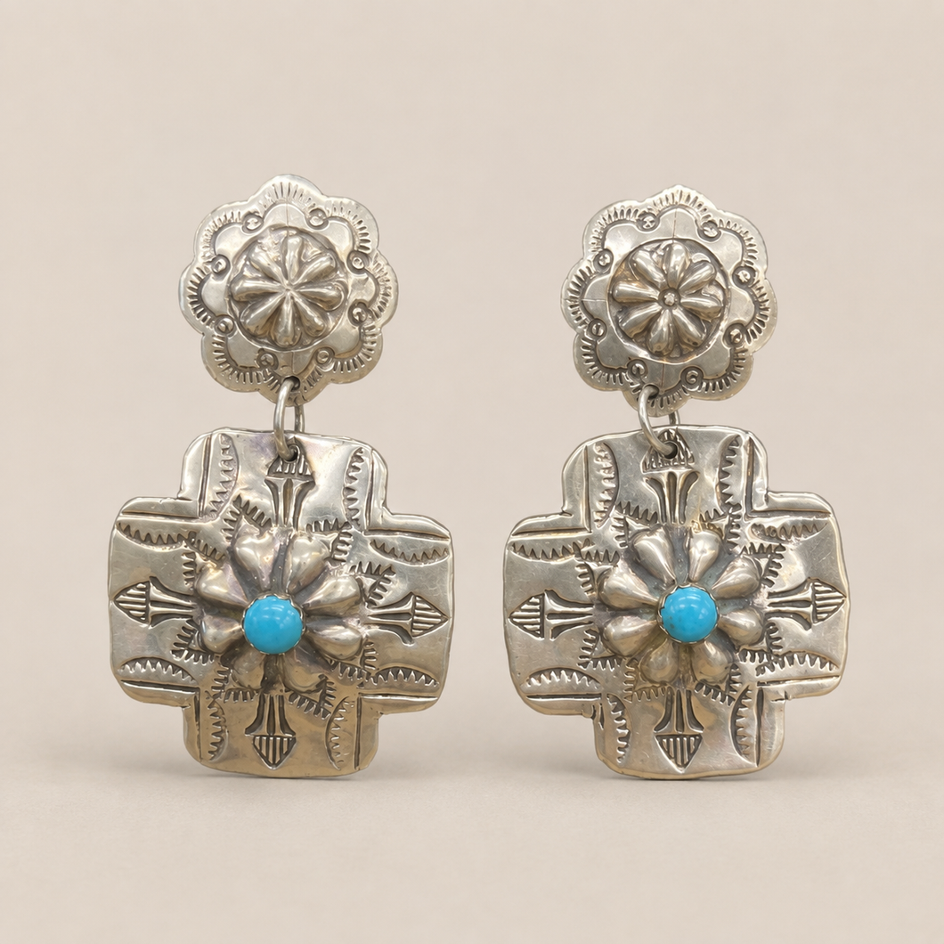 Jewelry - JWR18 - Sterling Silver Navajo Turquoise & Floral Cross Dangle Earrings