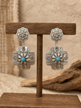 Jewelry - JWR18 - Sterling Silver Navajo Turquoise & Floral Cross Dangle Earrings