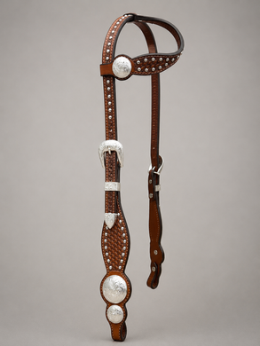 Headstall - HS02 - Light Brown Basket Sliding Ear w/ Spots and Silver Plate