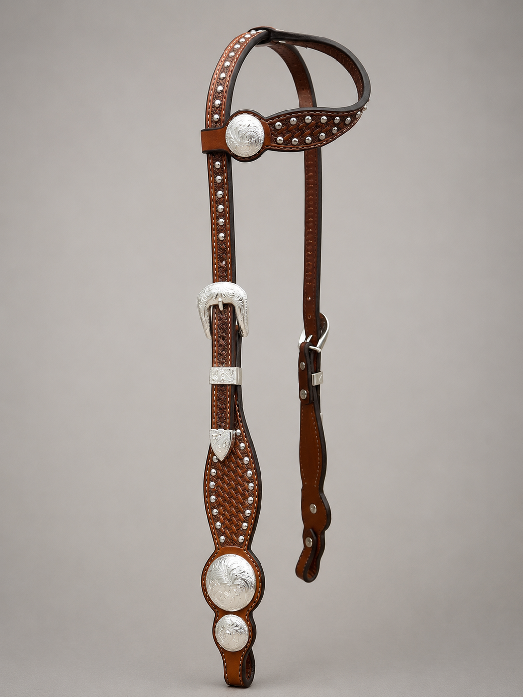 Headstall - HS02 - Light Brown Basket Sliding Ear w/ Spots and Silver Plate