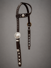 Headstall - HS174 - Dark Brown Single Ear with Sterling Overlay Card Suit Conchos