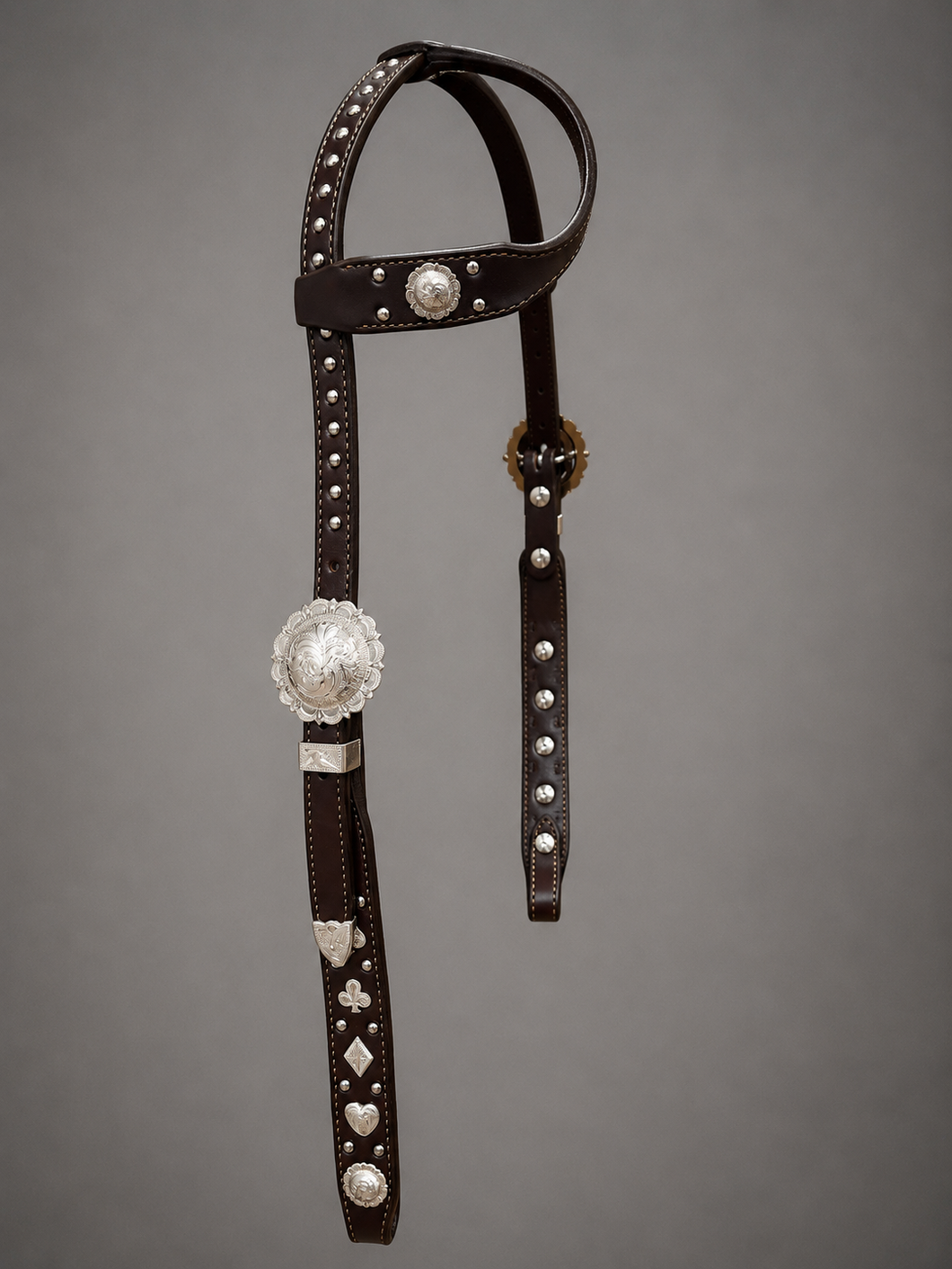 Headstall - HS174 - Dark Brown Single Ear with Sterling Overlay Card Suit Conchos