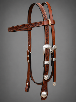 Headstall - HS131 - Basket Antiqued w/ Rawhide Loops and Silver Plated Trim