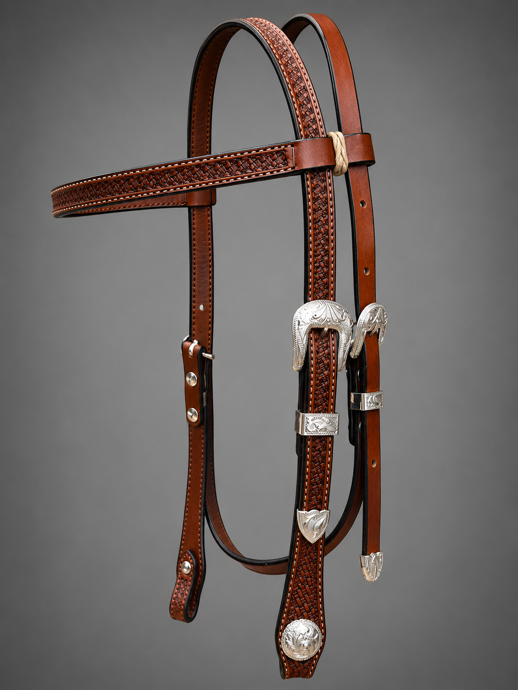 Headstall - HS131 - Basket Antiqued w/ Rawhide Loops and Silver Plated Trim