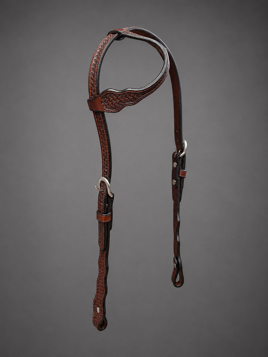 Headstall - HS192 - Brown Basket with Medium Scallop and Sliding Ear