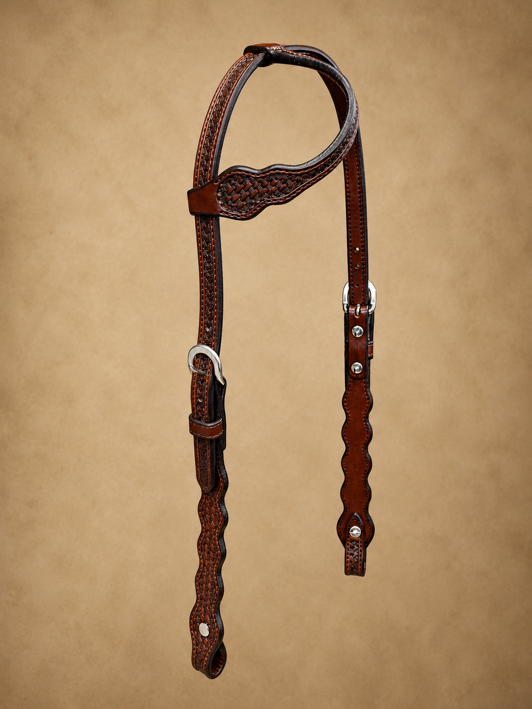 Headstall - HS135 - Basket Brown Sliding Ear with 5 Scallop Cheeks