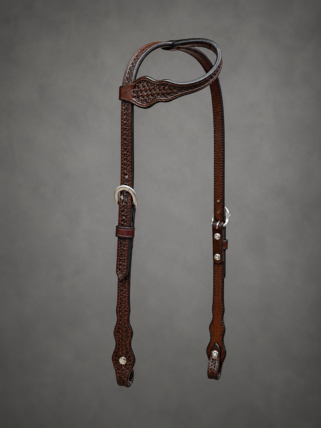 Headstall - HS111 - Basket Brown Three Scalloped with Sliding Ear