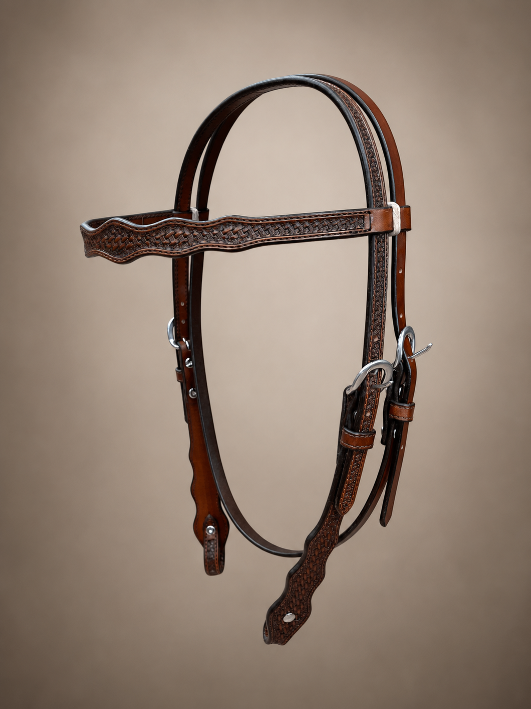 Headstall - HS22 - Brown Basketweave Scallops with Rawhide Loops