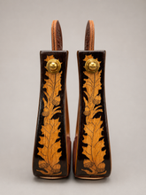 Stirrups - STP49 - Nettles 2" Flat Bottom Varnished Oak Leaf Inlay
