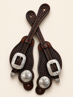 Spur Straps - SPS01 - Mens D/S Antiqued Basketweave with Silver Plated Buckle and Tips