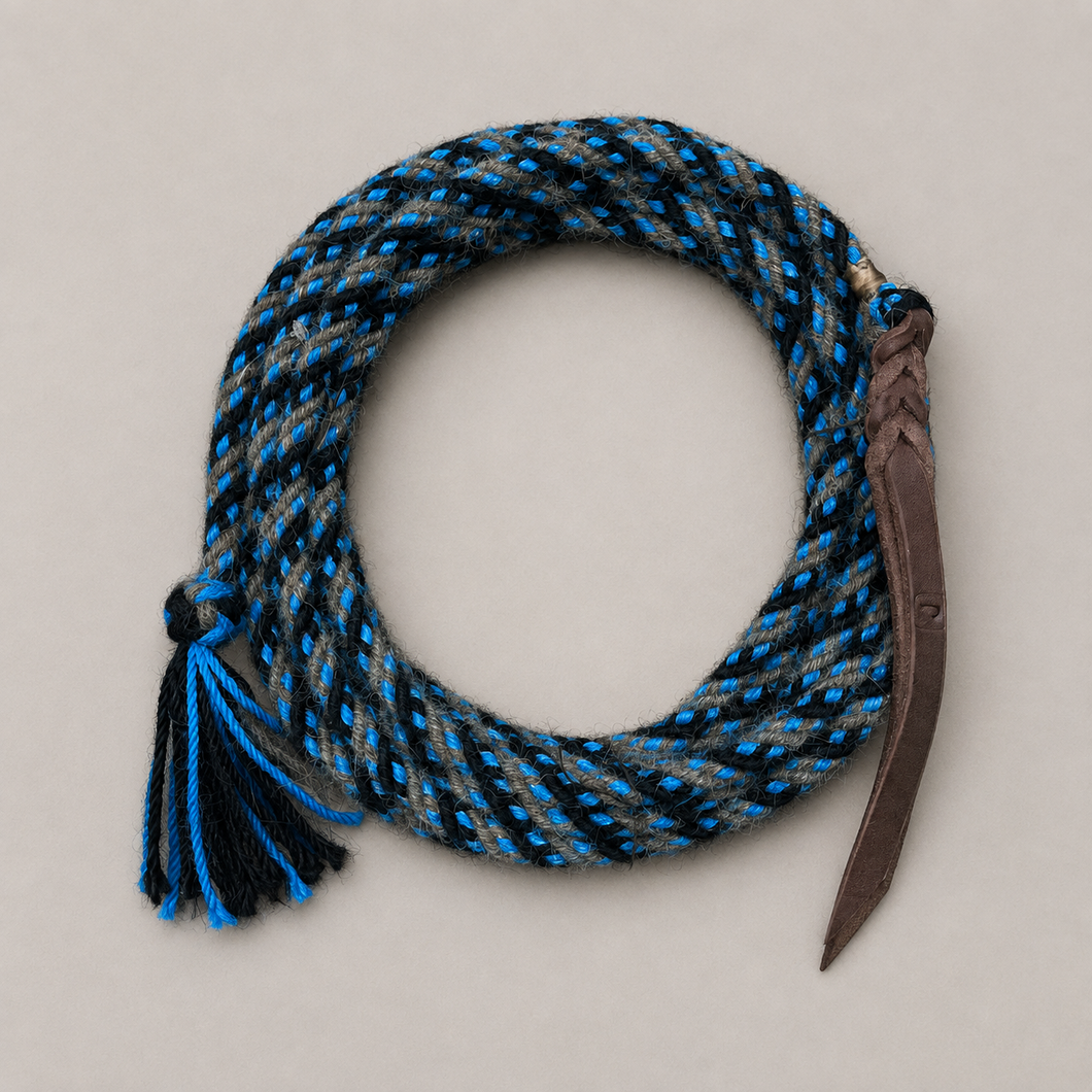 Mecate - MEC161 - 3/8” x 22’ 6-Strand Alpaca Bright Blue, Black and Taupe
