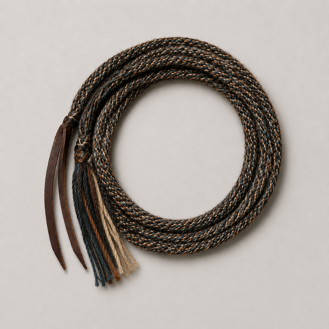 Mecate - MEC97 - 3/8” x 22’ 6-Strand Alpaca Black, Brown, Taupe & Grey