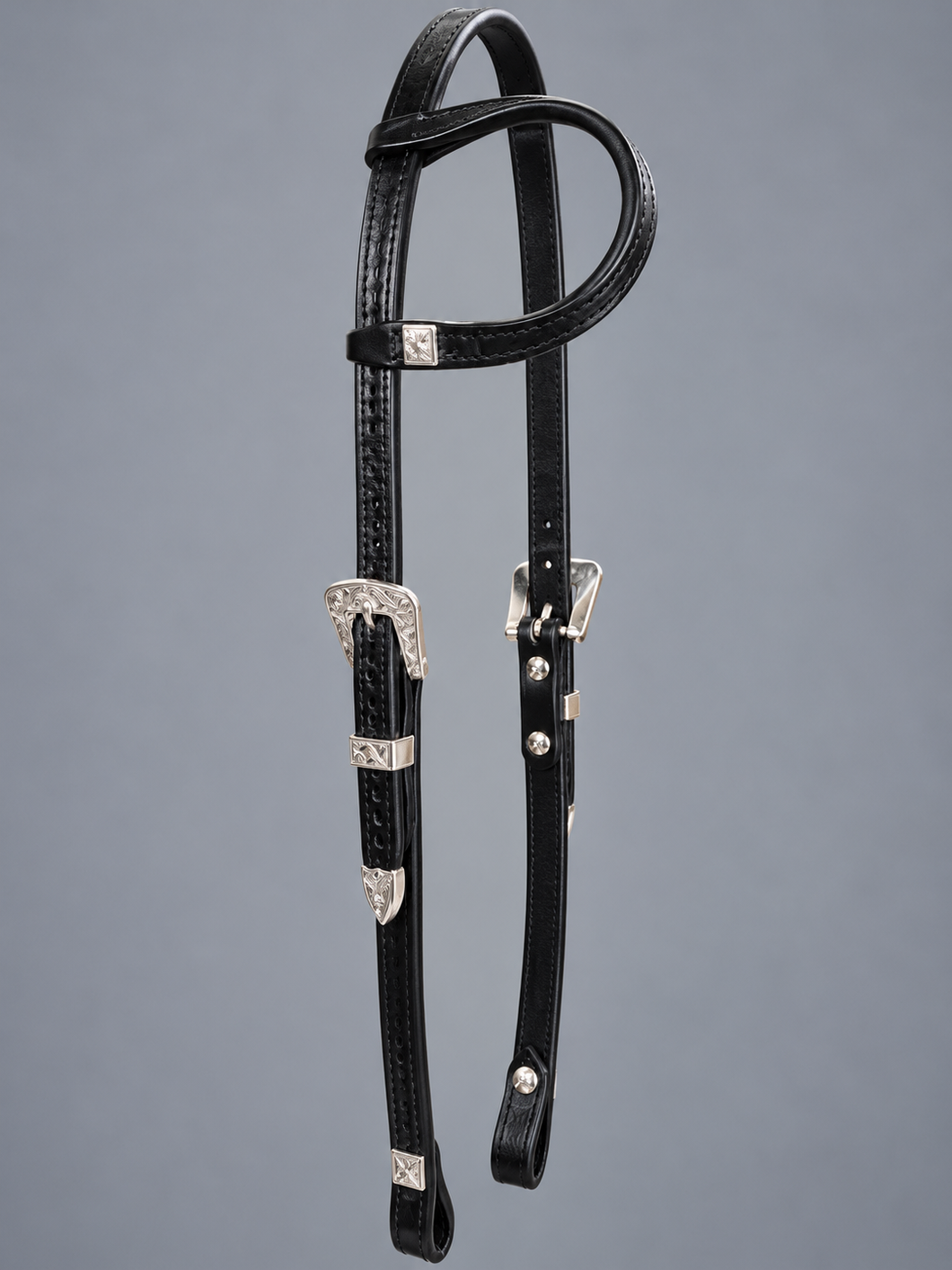 Headstall - HS06 - Black Geometric Single Ear with Silver Plated Trim