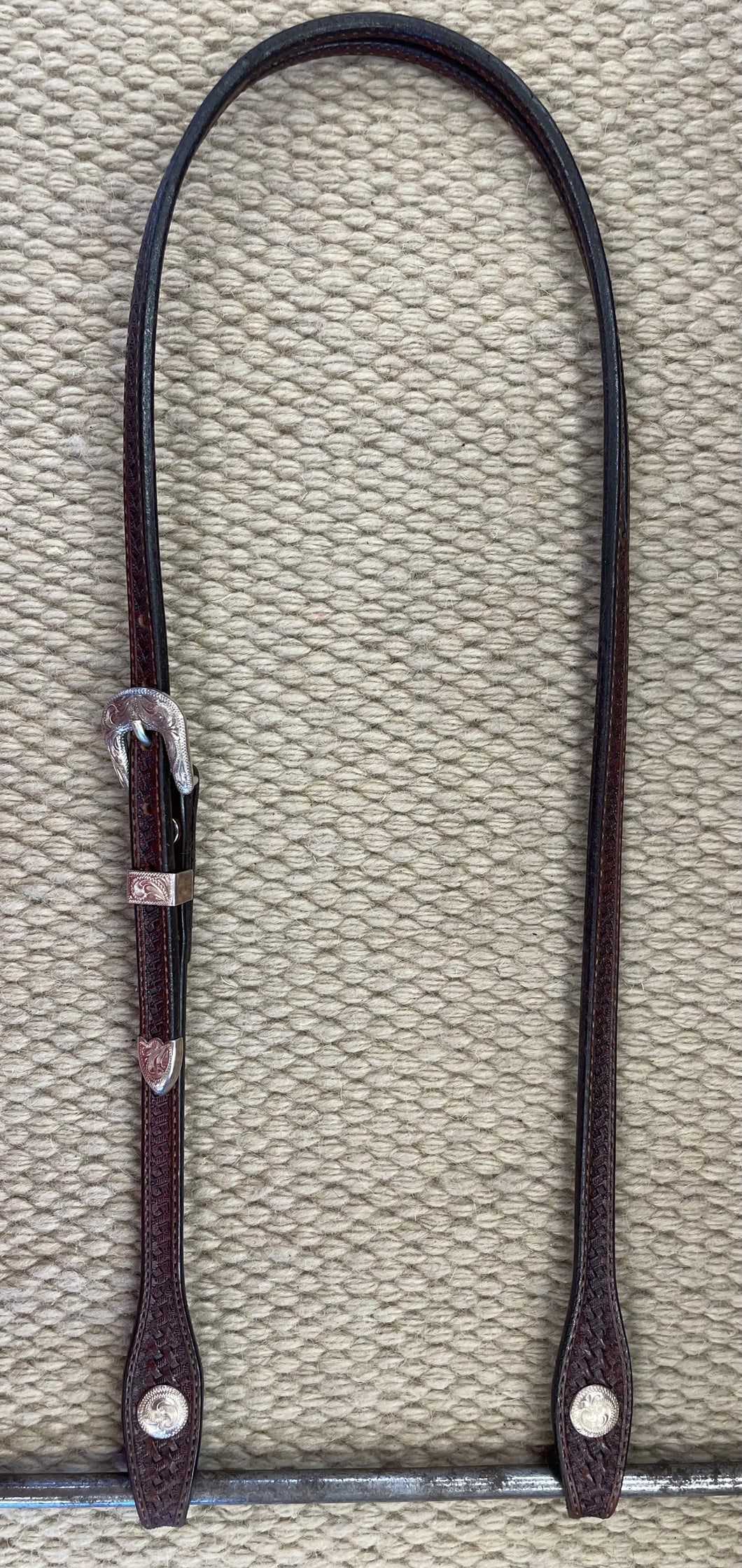 Headstall - HS274 - Basket Brown Split Ear w/ Silver Overlay Trim and Small Cheek Conchos