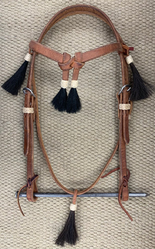 Headstall - HS166 - Harness Futurity Brow w/ Five Black Tassels and Rawhide Knots